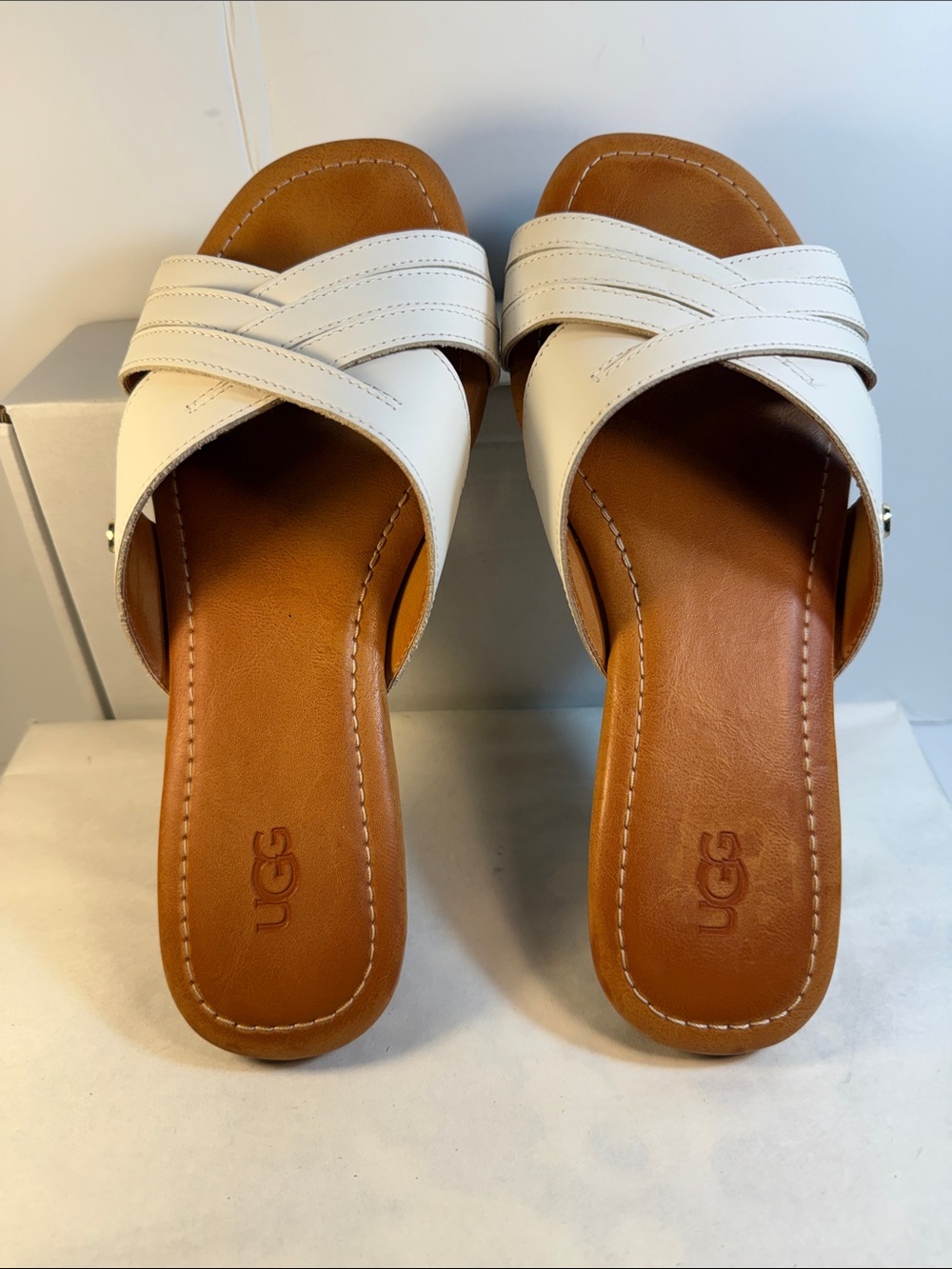 UGG Women’s White Leather Crossover Slide Sandals - Picture 2 of 3